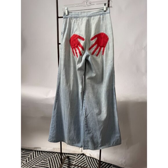 Vintage Oxmoor Light Wash Denim Pants Womens Size 9 Embroidered Hand Patch Wide - Picture 16 of 16